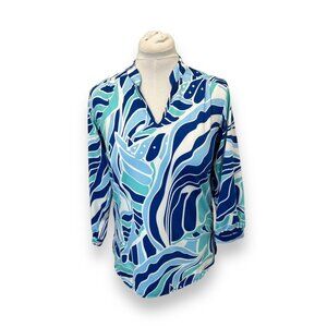 La Mer Luxe Womens Blue & White Abstract Pattern Blouse Size S